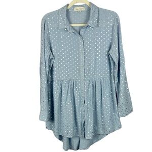 Luna Moon Sky Blue & Silver Metallic Polka Dot Button-Down Peplum Medium Tunic